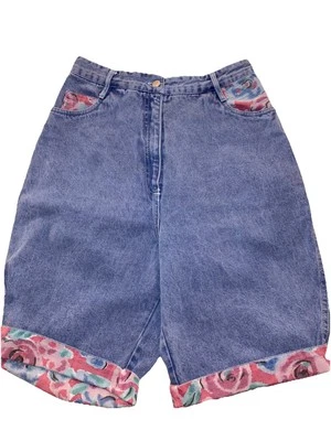 Kyoto Kasuals Denim Shorts Junior Size 11 Blue Floral Lined Vintage Retro - Image 1 of 4