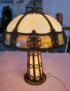 Antique  1920s Arts Crafts Deco Stained Slag Glass 3 Socket Lamp  - Picture 1 of 15