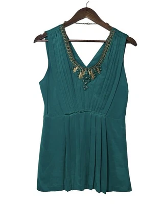 Ranna Gill Anthropologie SILK Teal Necklace Jewel Embellished Blouse Top Sz Smll - Image 1 of 4