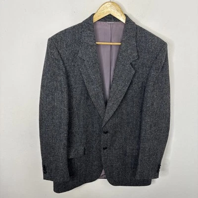 Casaco esportivo Harris Tweed 42L alto blazer cinza azul lã espinha de peixe Escócia - Imagem 1 de 4