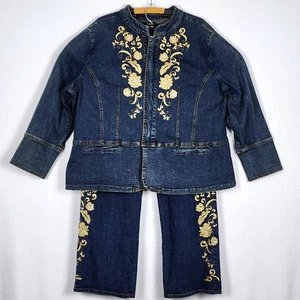 Denim 24/7 Zip Jacket Size 24 W and Jeans Size 22 WP Floral Stitch Pant Suit - Picture 1 of 24
