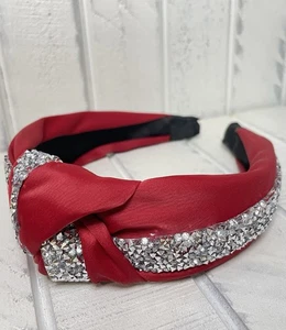 Women’s Hair Accessory Red & Silver Top Knot Headband Faux Rhinestone Ribbon - Picture 1 of 6