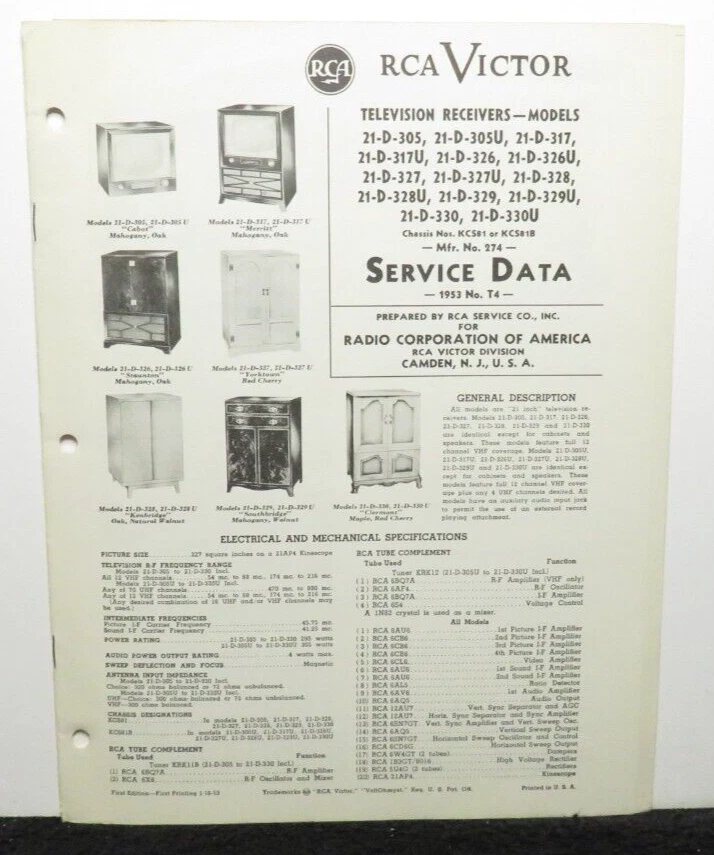 RCA VICTOR TELEVISION SERVICE DATA 1953 T4 21-D-305 -317 -326 U KCS81 22 PAGES - Image 1 of 1