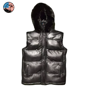 Men's Genuine Lambskin Leather Puffer Vest Black Quilted Removable Faux Fur Hood - Picture 1 of 5