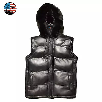 Men's Genuine Lambskin Leather Puffer Vest Black Quilted Removable Faux Fur Hood - Image 1 of 4