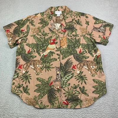 Vtg ELCC Shirt 1X Linen Silk Blend Short Sleeve Button Up Tropical Jungle - Image 1 of 4