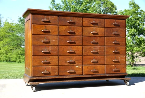 Antique Mission Oak Apothecary Cabinet 24 drawer school laboratory wood counter Cover
