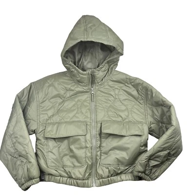 Old Navy Jacket Water Resistant Cropped Quilted Hooded Zip Up Green L 10/12 - Image 1 of 4