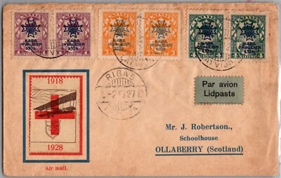 LATVIA 1927 POSTAL CACHET AIRMAIL COVER MULT FRANKING ADDR SCOTLAND CANC RIGA - Image 1 of 2
