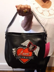 $98 Betsey Johnson Black Heart LOVE FOREVER Hobo Rhinestones Accents HOBO Bag - Picture 1 of 16