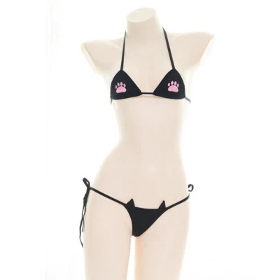 Women Girl Kawaii Cat Paw Bra Set Bikini Halter Bra G-string Sexy Anime Lingerie - Image 1 of 4