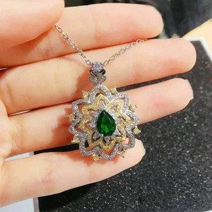 14k White Gold Plated Silver 3Ct Lab-Created Emerald Pendant 18 Chain Pear Cut - Picture 1 of 5