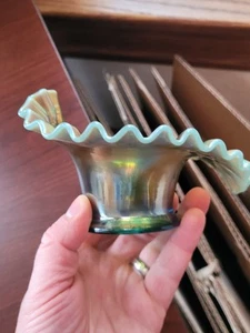 Pretty Aqua Opal Fenton Carnival Glass Blackberry Spray Pattern JIP Hat Cracked - Picture 1 of 24