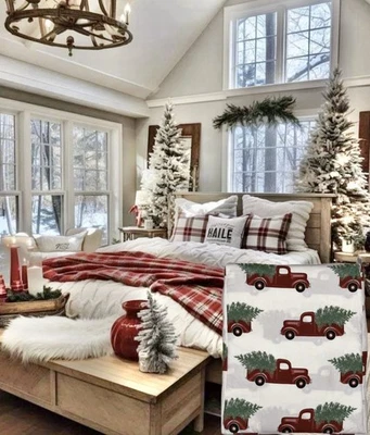 Modern Home Microfiber Sheet Set Queen Red Truck Sheets Winter Christmas Luxury - Image 1 of 4