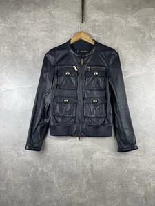 DSQUARED2 Women's Navy Leather Size 42 Moto Celebrity Bomber Y2K Jacket - Picture 1 of 16