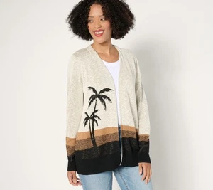 Denim & Co. Paradise Motiv Open Front Langarm Cardigan Pullover Natur L Neu - Bild 1 von 1