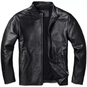 Men's Black Leather Jacket Cafe Racer Casual Slim Fit Lambskin Motorcycle Biker - Picture 1 of 6