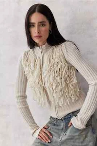 Urban Outfitters Loopy Knit Zip - Through Cardigan Size L Off-White Beige - Bild 1 von 4