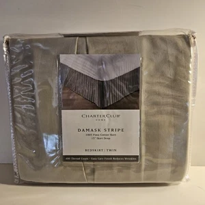 Charter Club Beige DAMASK STRIPE 400 TC 100% Pima Cotton Twin Size Bed Skirt NEW - Picture 1 of 4