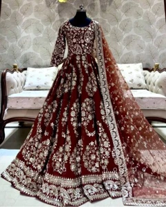 Aesthetic Wear Chinnon Silk Maroon Salwar Kameez With Net Dupatta For Engagement - Picture 1 of 10