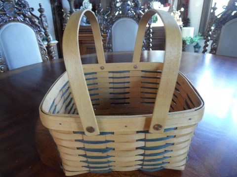 Longaberger Basket Hand Woven 12x12x6 two Swing Handles green bands Cover
