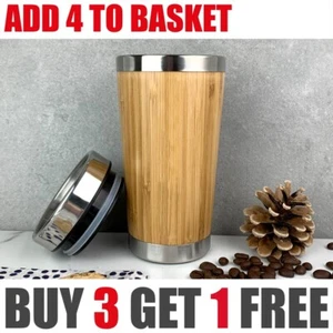 Bamboo Double Wall Stainless Steel Flask Mug Bottle Hot / Cold Tea Coffee 500ml - Picture 1 of 6