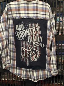 UPCYCLED FLANNEL UNISEX SZ XL GOD COUNTRY FAMILY BLUE BROWN T-SHIRT HANDMADE - Picture 1 of 1