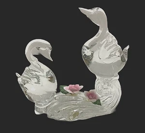 Vintage Art Glass Swans Hand Crafted 5.5" x 6" with Porcelain Flowers Clear - Picture 1 of 6