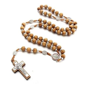 Christian Wooden Catholic Rosaries Necklace Prayer Beads Cross Necklace Holy Mar - Picture 1 of 6