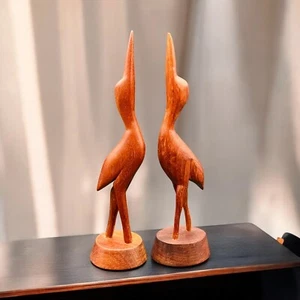 Hand Carved Wood Crane Heron Primitive Wooden Folk Art Bird Figure 2 Pcs Signed - Picture 1 of 17