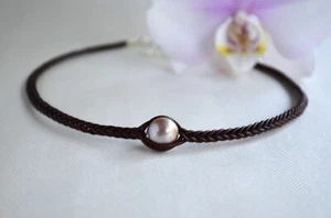 Elegant Edison Pearl on Braided Leather Choker LARGE Mauve Pink Pearl Necklace - Picture 1 of 9