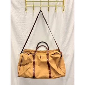 Vintage Polo Ralph Lauren Duffel Bag Tan Canvas Leather Trim Tan Beige 20” Long - Picture 1 of 6