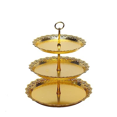 PANTALLA DE CUPCAKES REDONDA METÁLICA DE 3 NIVELES DORADA 15" Torre Corte de encaje Borde Fiesta Foto 1 de 4