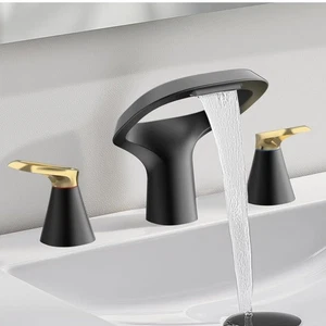 Bezeit Bathroom Sink Faucet Widespread 3-Hole Waterfall Black Gold F02-BG Brass - Picture 1 of 12