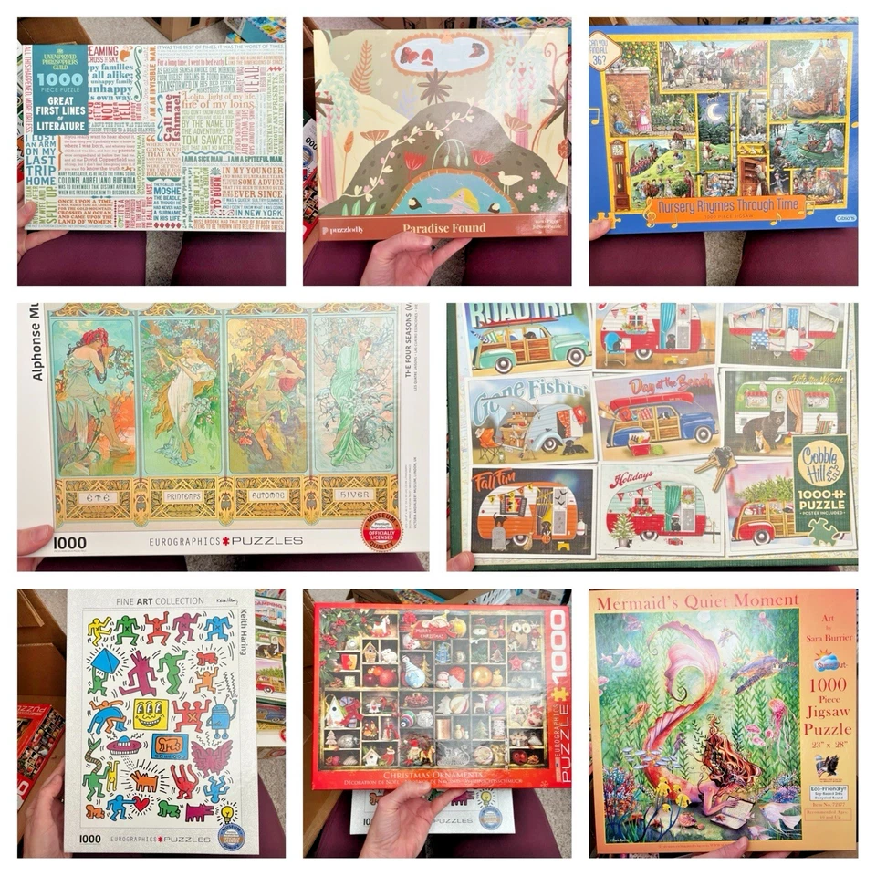MIXED Lot Of 8 - 1000 Piece Puzzle Christmas Mermaid Haring Mucha Lit Rhymes - Image 1 of 4