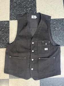 VTG 90s Y2K Calvin Klein Denim Mechanic Vest Mens L Black Moto Biker USA Made - Picture 1 of 8