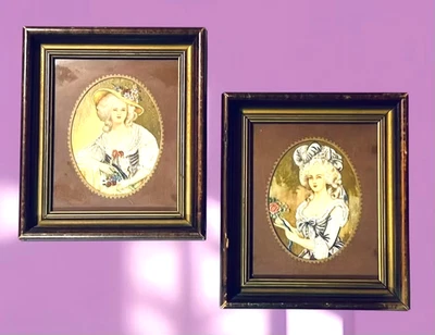 Conjunto de 2 retratos antiguos bordados de dama victoriana arte textil envejecido Foto 1 de 4