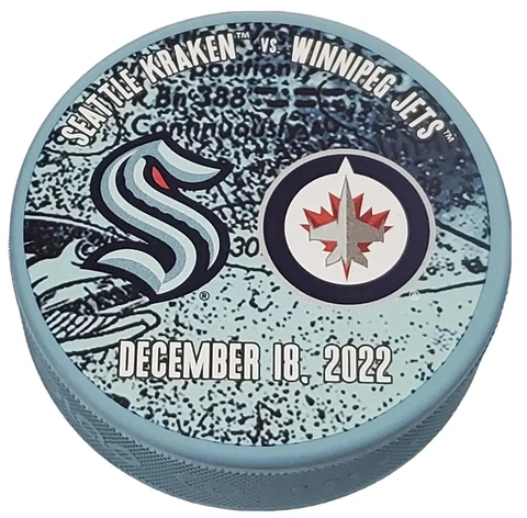 2022 SEATTLE KRAKEN VS WINNIPEG JETS BLUE LIMITED EDITION PUCK MADE IN 🇸🇰 Cover