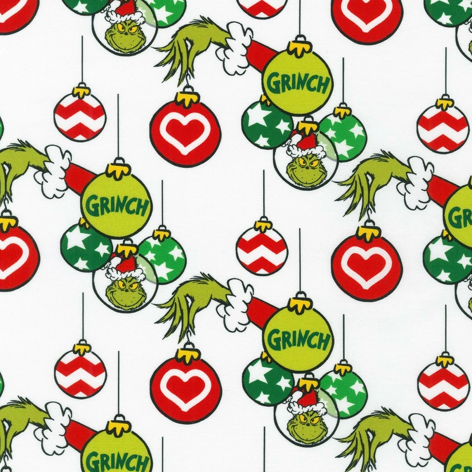 ROBERT KAUFMAN FABRICS BTHY Dr Seuss How The Grinch Stole Christmas Grinchmas Ornaments White Fabric