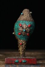6.4" Rare Old Tibetan Bronze Turquoise Buddhism Conch Shell Trumpet Horn Base