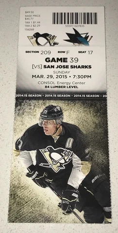 3/29/15 San Jose Sharks Pittsburgh Penguins NHL Hockey Ticket Stub Sidney Crosby Cover