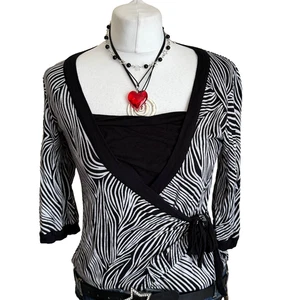 E-vie Y2K Zebra Print Wrap Top UK 14-16 Black White Animal Indie Sleaze 2000s - Picture 1 of 8