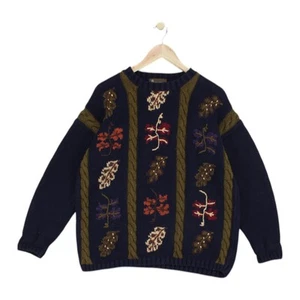 Vintage Patterned Jumper Womens Size 16 Blue Crew Neck Chunky Knit - Picture 1 of 14