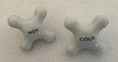 Vintage Porcelain Hot Cold Cross Sink Knobs Faucet Handles With Brass Bases - Image 1 of 4