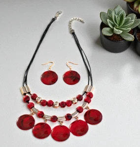 Statement Necklace & Earrings Set Red Beaded Disc Pendant Boho Layered Fashion J - Picture 1 of 1