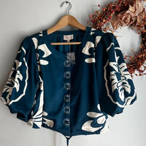 Top manga burbuja estampado ingeniero CIEBON Charissa para mujer GRANDE azul blanco - Imagen 1 de 9