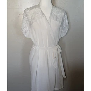 Jones New York Morgenmantel XL transparent weiß Spitzenbesatz Wickel kurz Kimono Stil Gürtel - Bild 1 von 10