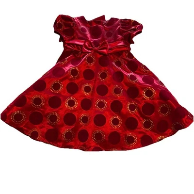 Rare Too Girls Red Holiday Party Dress Satin Foil Dot Bow Short Sleeve Sz 3T - Image 1 of 4