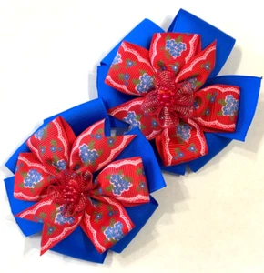 Beautiful Red Pearl Flowers inspired set of pigtail hairbows for girls - Picture 1 of 3