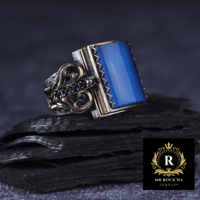 Estuche cuadrado cubierto redondo, piedra azul, grabado, anillo de plata de ley 925 para hombre Foto 1 de 4